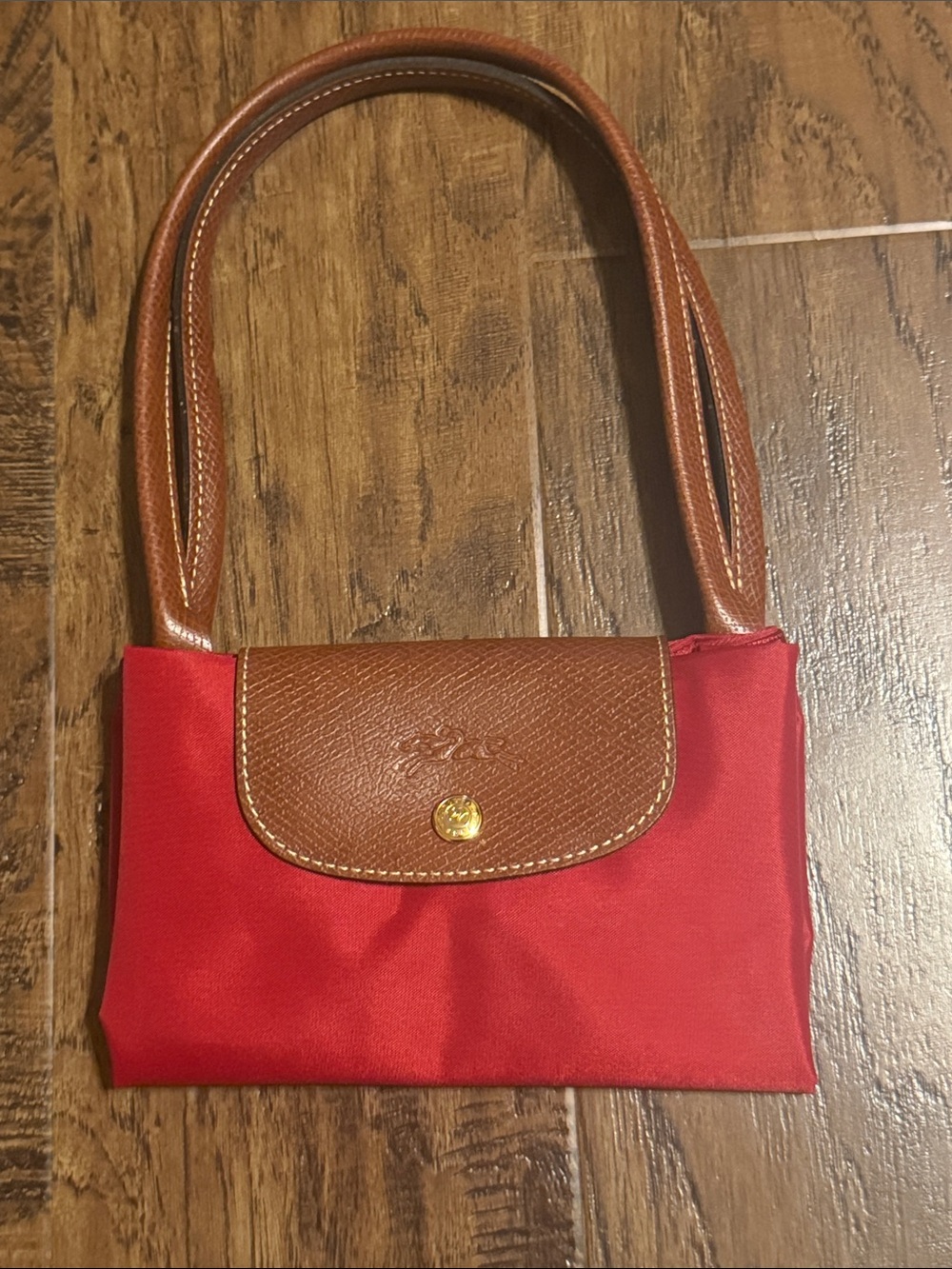 Longchamp Red Nylon Shoulder Bag with Brown Leather Flap